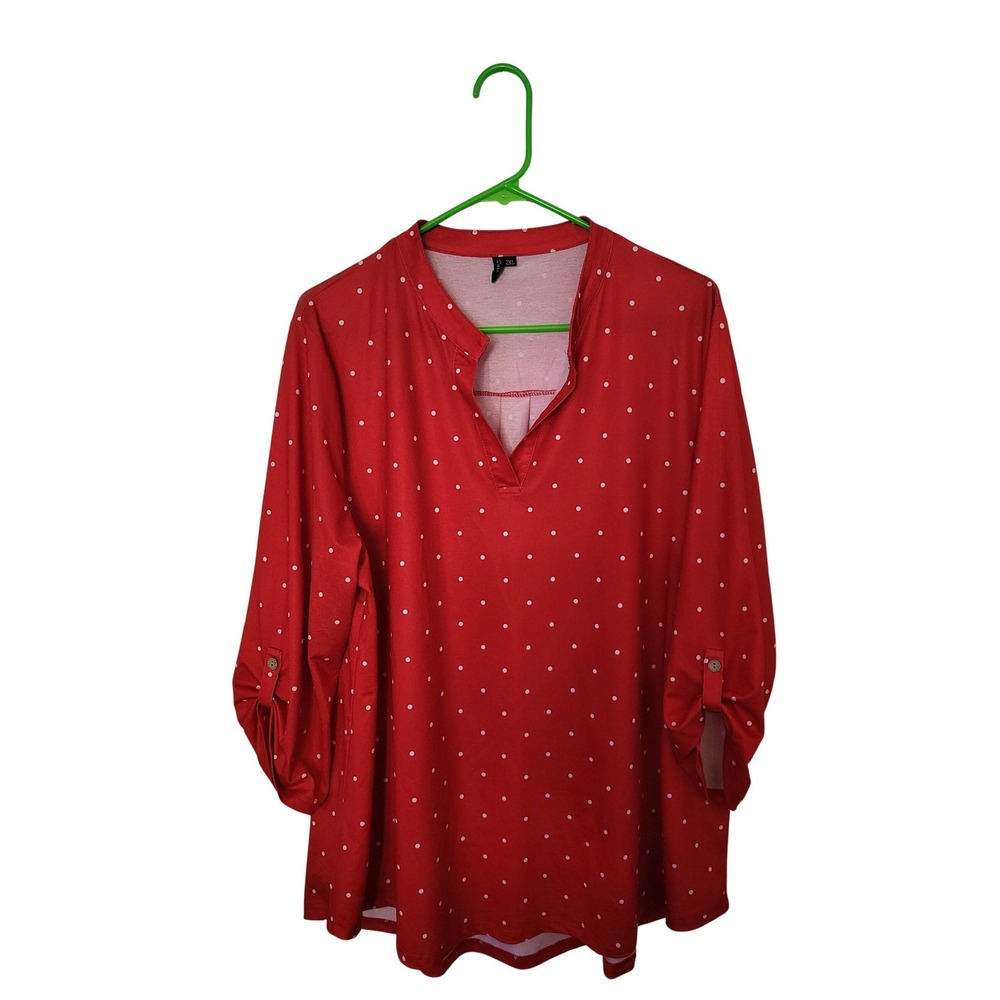 Zattcas Tunic Top Women 2XL Red Polka Dot Roll Tab 3/4 Sleeve V-Neck ZA117-SFPDR